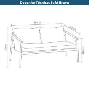 4 Sofa 2 Lugares Brava Rivatti 151cm -Largura- Estofado Cinza Base em Aluminio e Corda Nautica GrafitoDesenho Tecnico